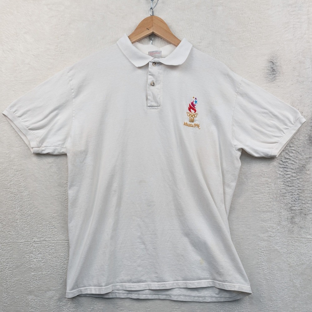 VTG Hanes Polo Men's L White Atlanta 1996 Olympics Embroidered Sporty USA 90s